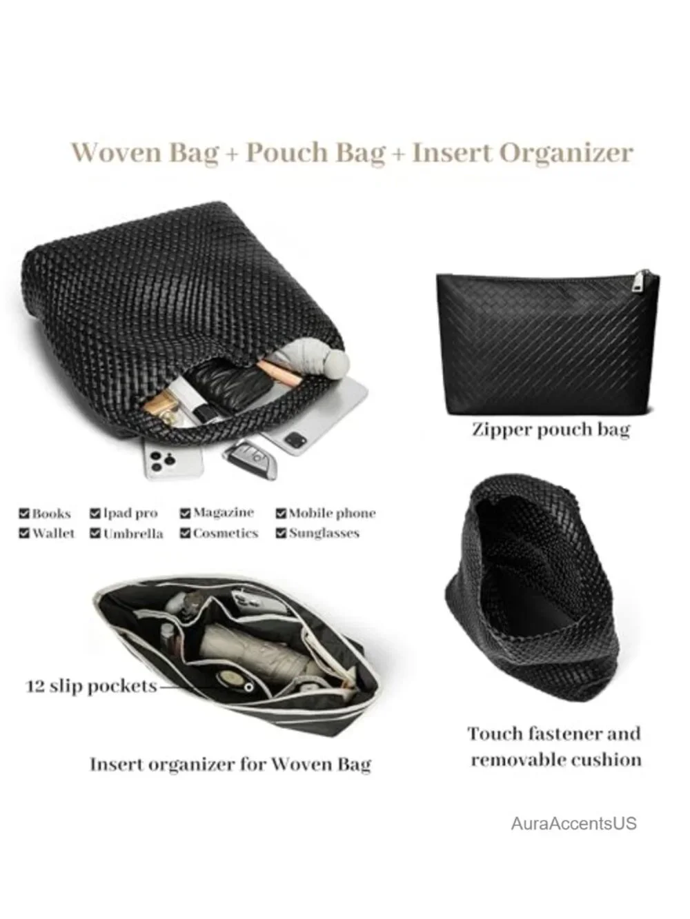Large Woven Hobo Shoulder Bag Faux Leather Vegan PU Tote